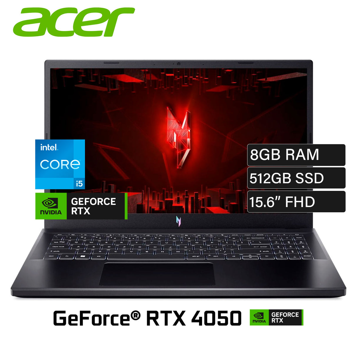Laptop Acer Nitro V15 ANV15-51-54W8 Intel Core i5 13420H RAM 8GB Disco 512GB SSD NVIDIA RTX 4050 6GB 15.6" FHD Windows 11 (NH.QN8AL.00K)
