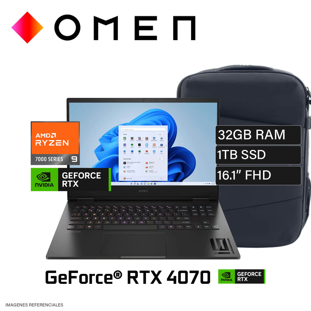 Laptop HP OMEN 16 XF0002LA AMD Ryzen 9 7940HS Ram 32GB Disco 1TB SSD NVIDIA RTX 4070 8GB 16.1″ FHD IPS Windows 11 + Mochila
