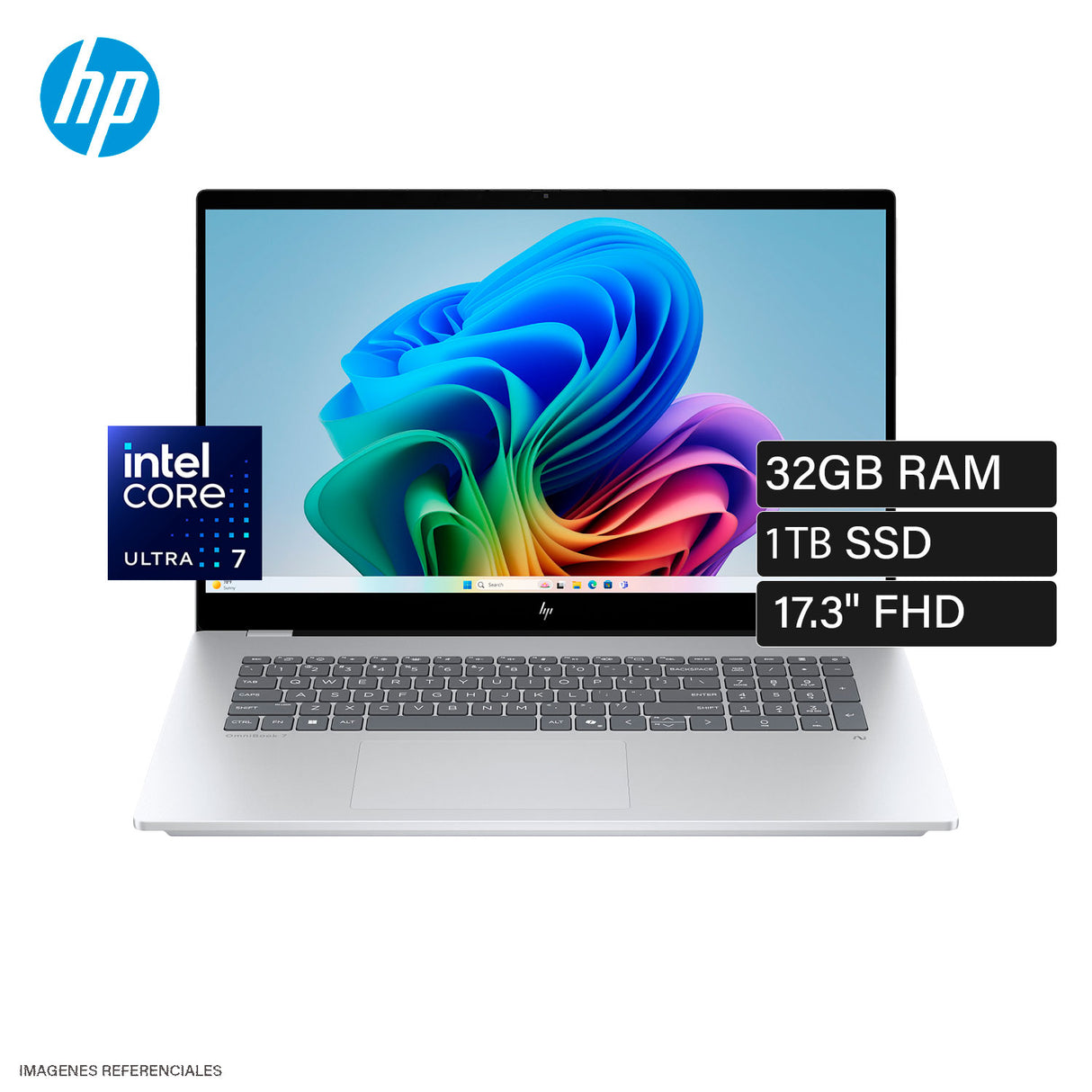 HP OmniBook 7 17 pulgadas color Glacier Silver, vista frontal con pantalla táctil FHD encendida y teclado retroiluminado con teclado numérico