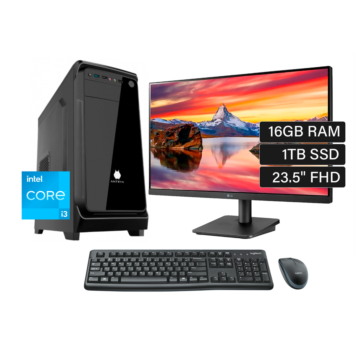 PC de Escritorio Intel Ci3 12100 (Gen 12) RAM 16GB Disco 1TB SSD Monitor 23.5" + kit teclado y mouse