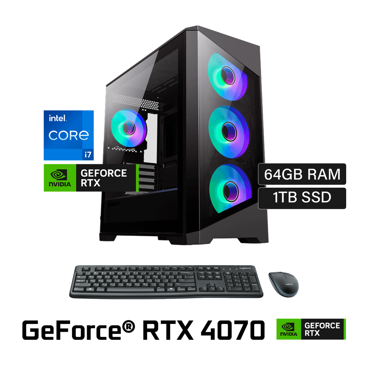 PC ci7 14700F 2.10GHz RAM 64GB Disco 1TB SSD Video Nvidia RTX 4070 12GB Case Gaming Gamemax + Kit Logitech + Monitor Lg + UPS