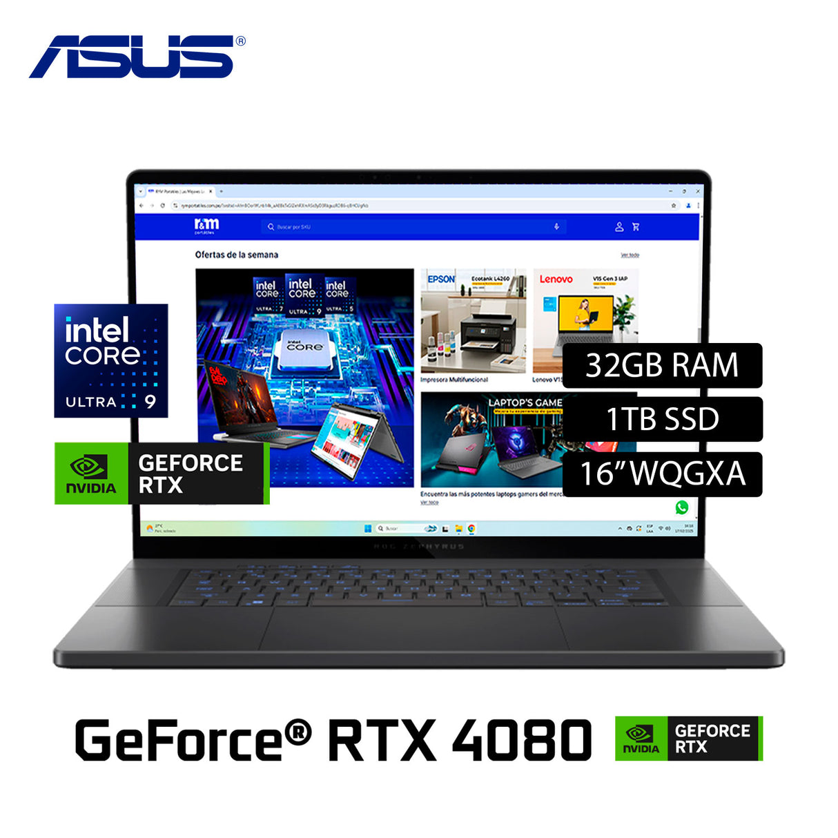 Laptop Asus Zephyrus GU605MZ-G16.U94080 Intel Core Ultra 9 185H Ram 32GB Disco 1TB SSD Nvidia RTX 4080 12GB 16" WQXGA Windows 11