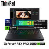 Laptop Lenovo ThinkPad P16 Gen 3 Intel Core Ultra 7 255HX 32GB RAM 1TB SSD NVIDIA RTX PRO 3000 16" WUXGA Windows 11 Pro (21RR0006LM)