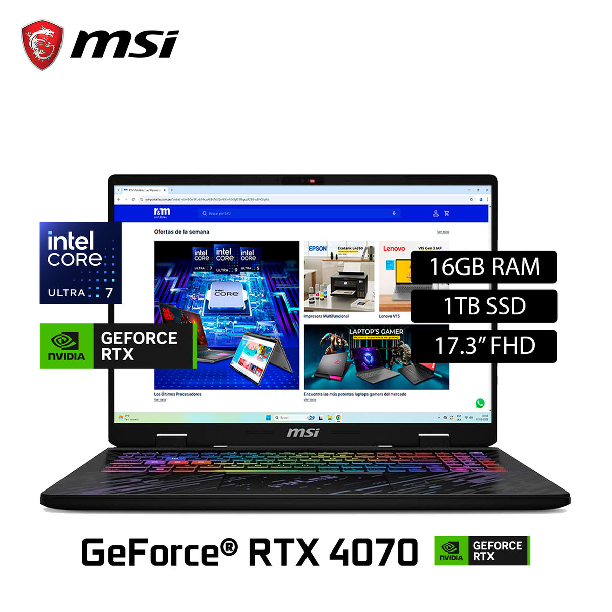 Laptop Msi Pulse 17 AI C1VGKG Intel Ultra 7 155H Ram 16GB Disco 1TB SSD Nvidia RTX 4070 8GB 17.3" FHD Windows 11