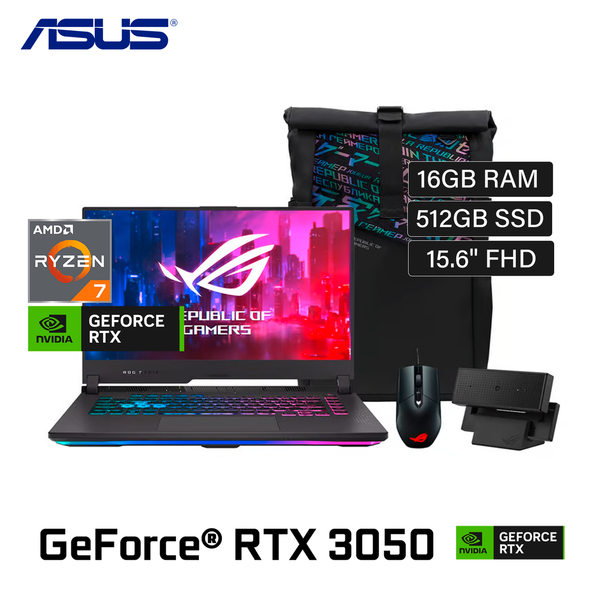 Laptop Asus ROG Strix G513RC-HN097W (2022) Ryzen 7 6800H RAM 16GB Disco 512GB SSD Video RTX 3050 4GB 15.6" FHD Windows 11 + Mochila, Mouse y Cámara Web